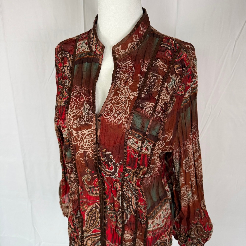Piano Womens Large Paisley Print Crinkle Blouse Rust Red Boho Ribbon Trim Top - Picture 4 of 9